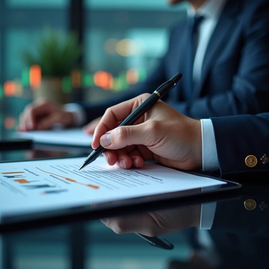 Un ejecutivo revisa documentos financieros, ilustrando el complejo panorama regulatorio que enfrentan instituciones como BlackRock en el mercado de las stablecoins.