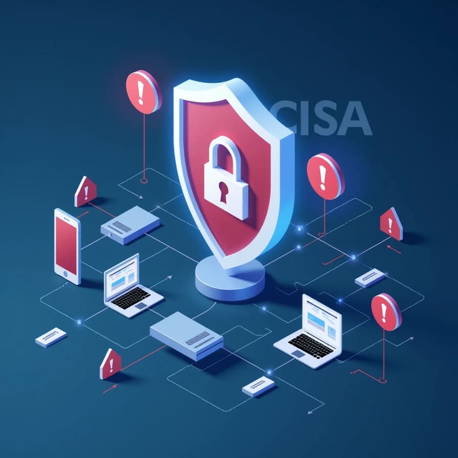 Ilustración de ciberseguridad que representa la protección de redes y dispositivos frente a vulnerabilidades, con la marca CISA destacada en el fondo, en línea con las recientes alertas de la agencia.