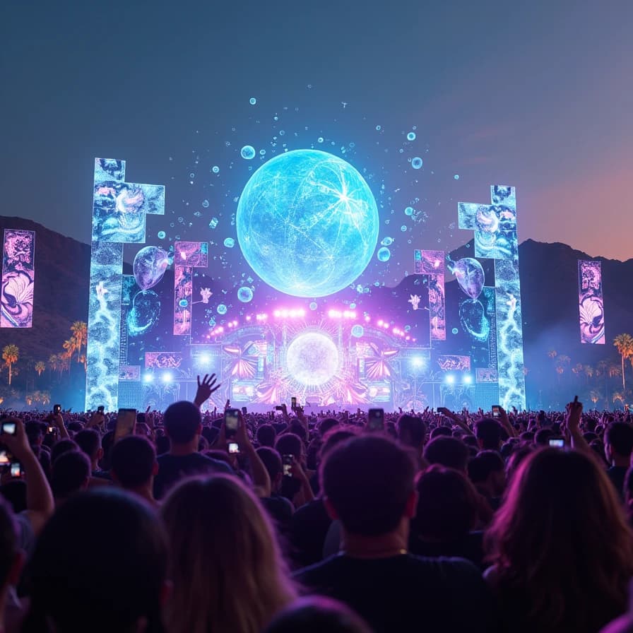 Asistentes disfrutan de un espectáculo de luces y proyecciones digitales futuristas en un festival de música, reflejando las innovaciones impulsadas por la inteligencia artificial en el entretenimiento en vivo.