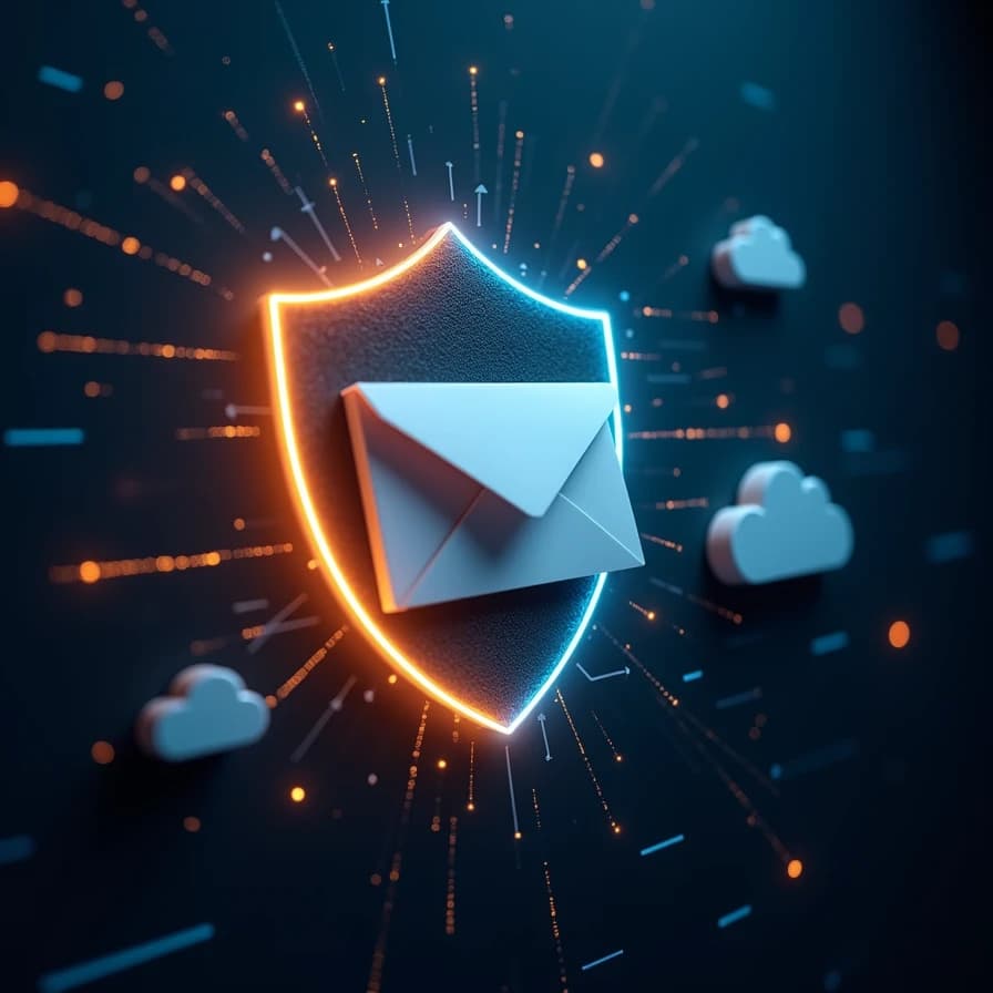Un escudo digital con un sobre en el centro, rodeado de elementos de seguridad y nubes, ilustra la vulnerabilidad de los servicios de correo electrónico en la nube ante ataques de phishing.