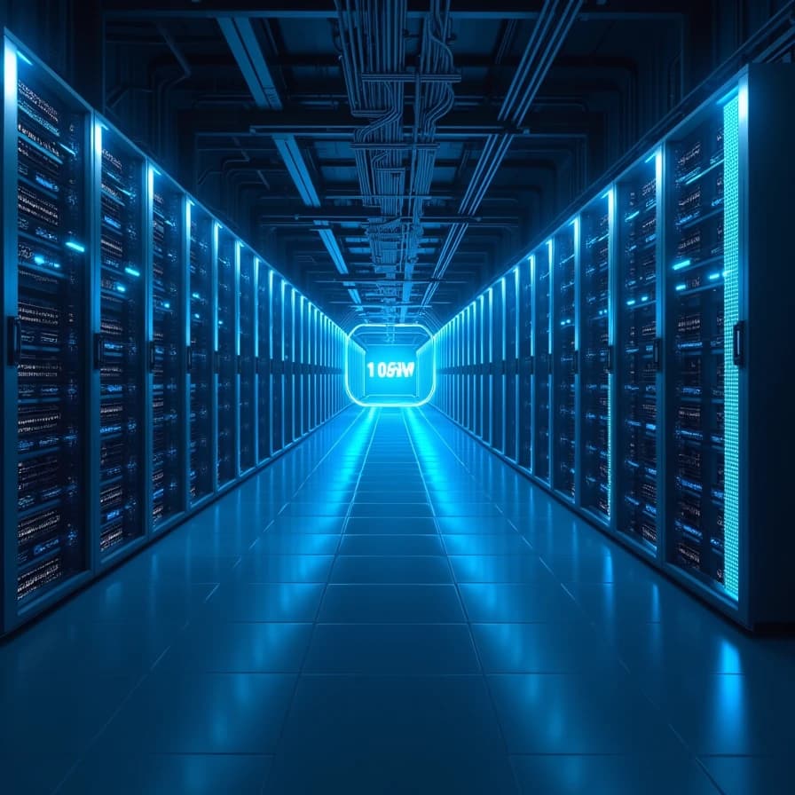 Un centro de datos con iluminación azul y la marca '10GW' simboliza el hito alcanzado por el proyecto Stargate de OpenAI en su infraestructura de inteligencia artificial.