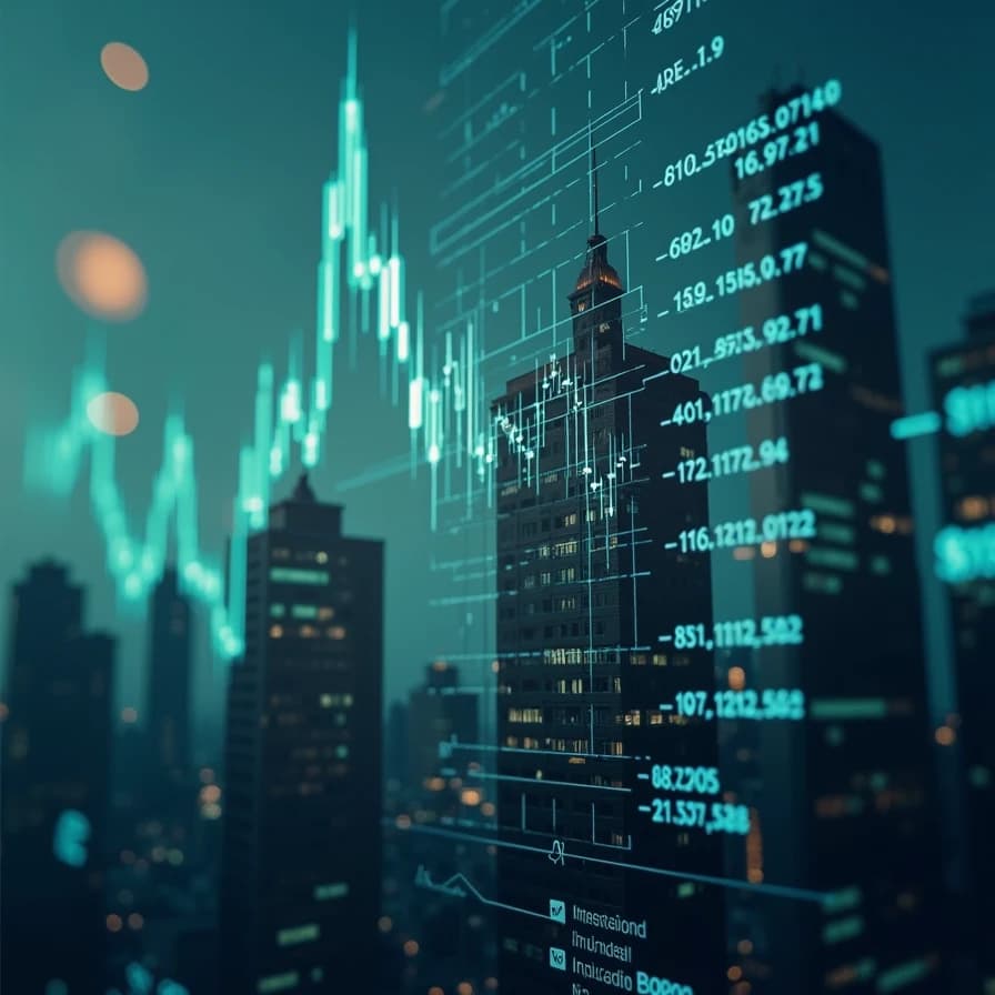 Gráficos financieros y datos de mercado se proyectan sobre un paisaje urbano, simbolizando la intersección entre la tecnología financiera y el entorno económico global en el contexto del repunte de Bitcoin.