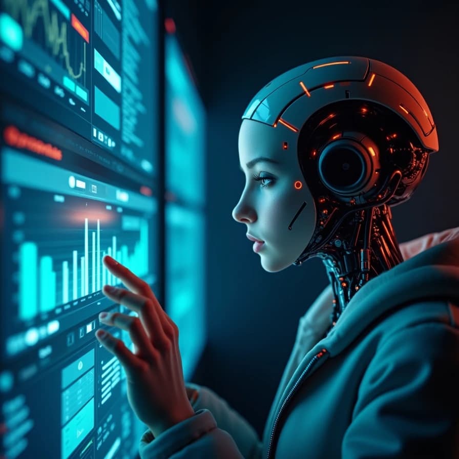 Un agente de inteligencia artificial analiza datos en pantallas de observabilidad continua, ilustrando la gestión de su autoridad en entornos tecnológicos.