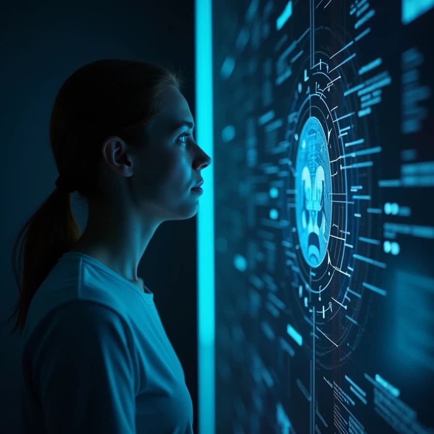 Una persona observa una pantalla digital con interfaces futuristas, simbolizando la interacción con modelos de inteligencia artificial como Grok de xAI, tema central de un reciente estudio.