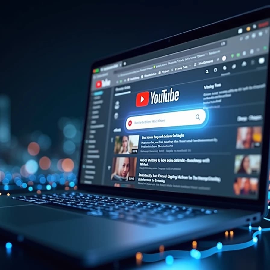 La interfaz de YouTube en un portátil, con su barra de búsqueda destacada, ilustra la innovación de Google en la búsqueda conversacional impulsada por IA para la plataforma de video.