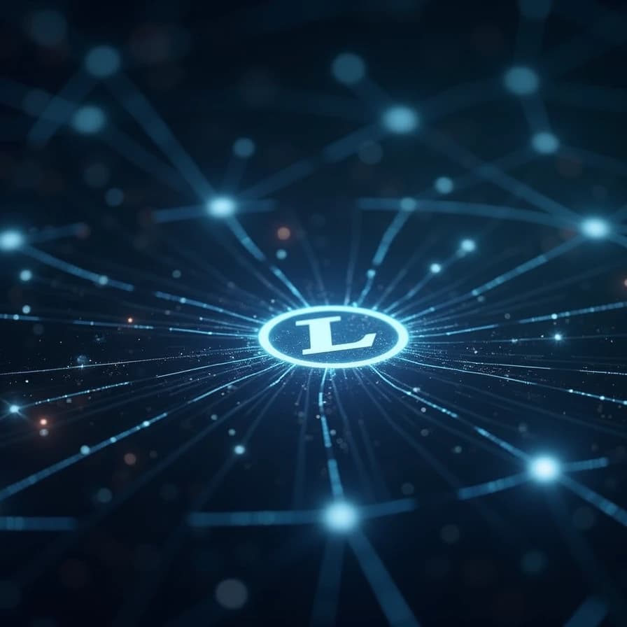 El símbolo de Litecoin, 'L', en el centro de una red digital, ilustra la infraestructura de la criptomoneda tras el incidente de reescritura transaccional que alertó al sector.