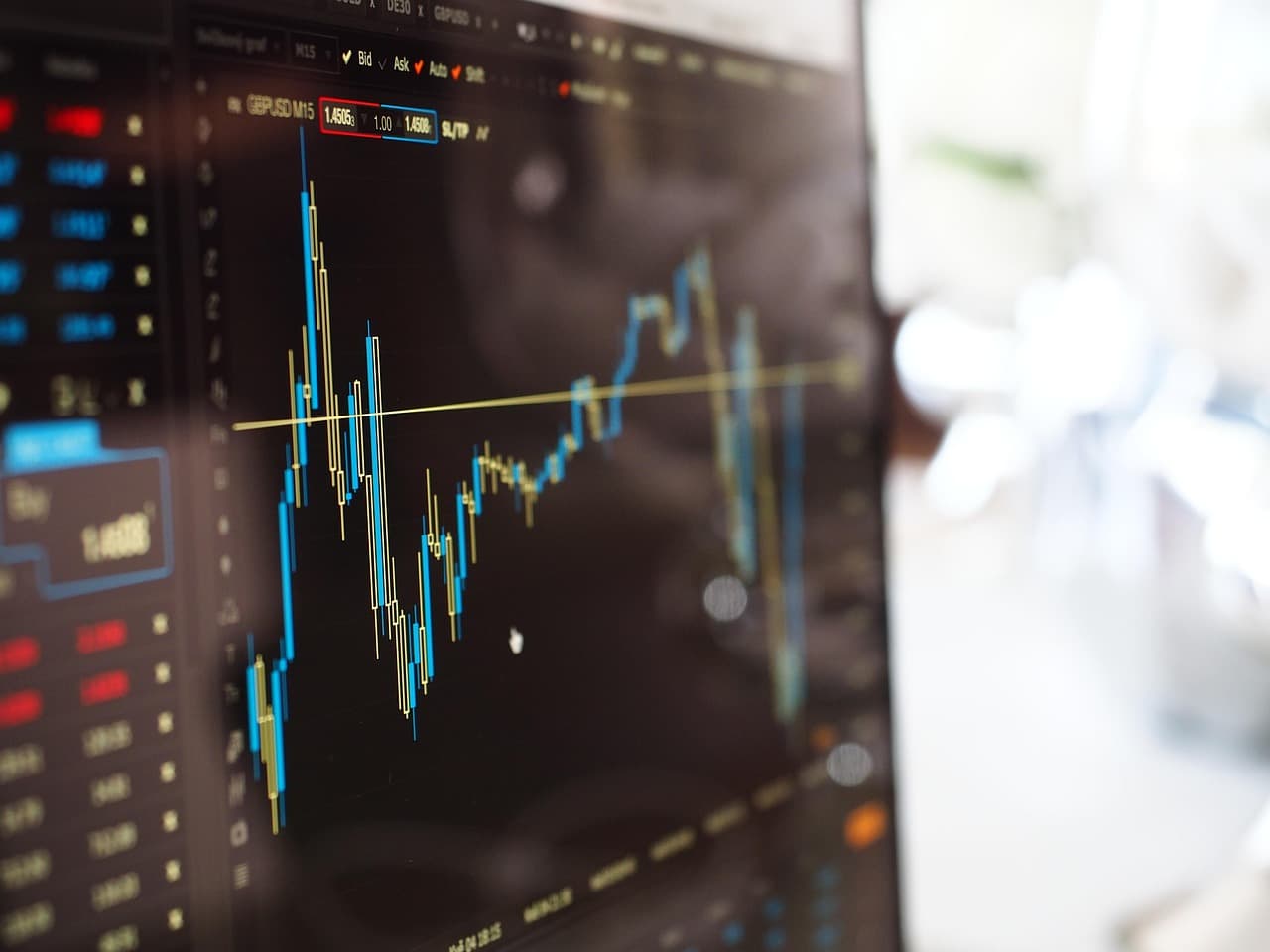 Primer plano de una pantalla de ordenador que muestra un gráfico de velas japonesas de trading financiero.