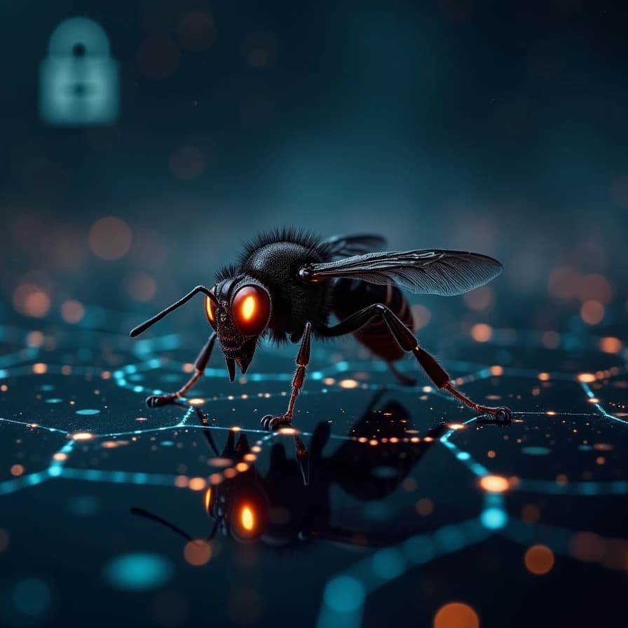 Una representación visual de un insecto sobre una red digital simboliza la amenaza del grupo de ransomware Trigona, que ha elevado su sofisticación con nuevas herramientas de exfiltración de datos.