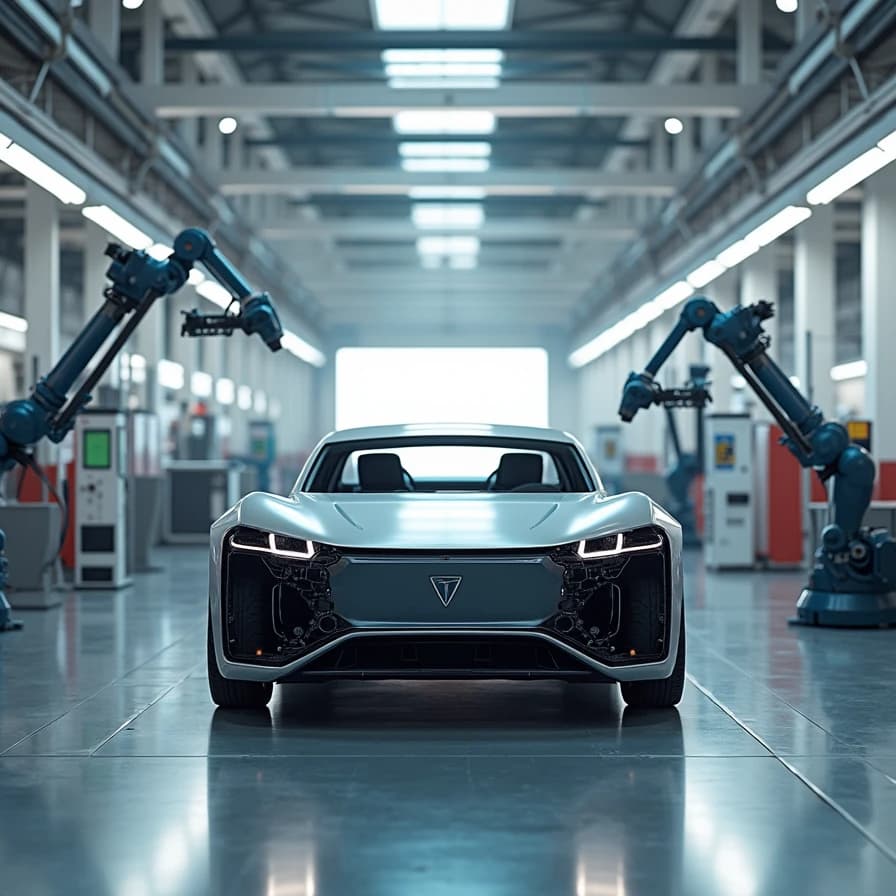 Un vehículo eléctrico en una línea de producción automatizada, ilustrando los ajustes estratégicos en la fabricación de Rivian en su planta de Georgia.