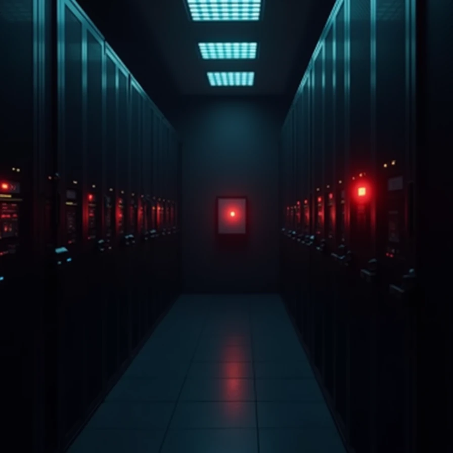 Luces rojas parpadeantes en una sala de servidores, una representación visual de una vulnerabilidad o intrusión en la infraestructura crítica de sistemas de información.