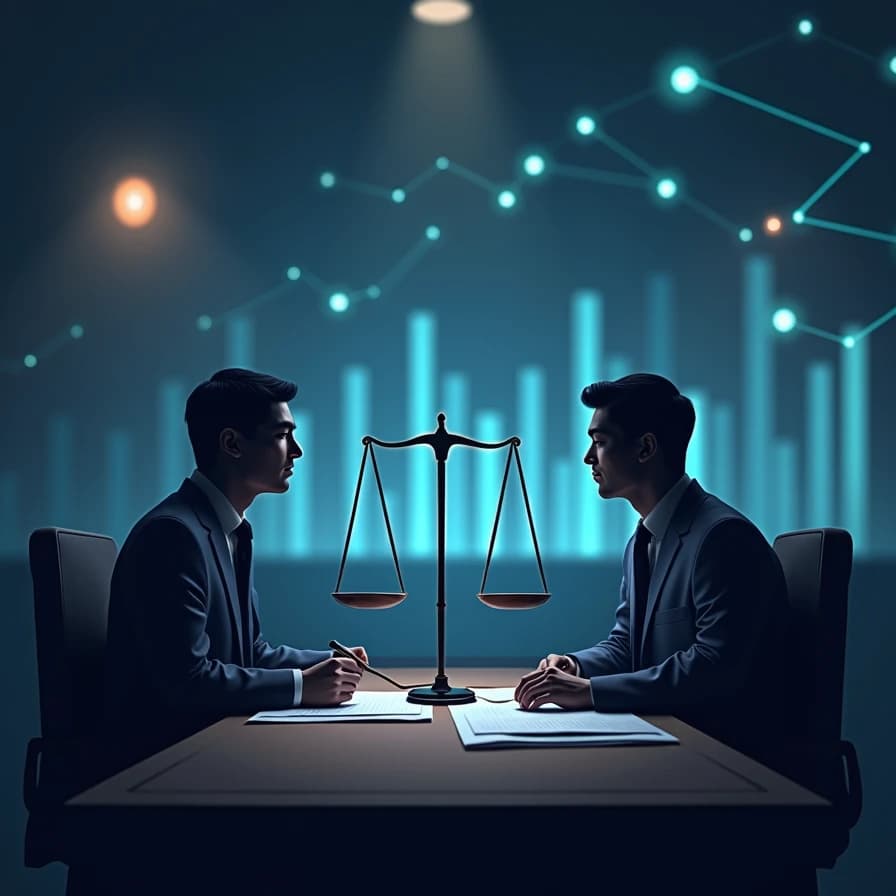 Una balanza de la justicia se interpone entre dos figuras en un entorno digital, simbolizando la disputa legal entre World Liberty y Justin Sun por el token WLFI.