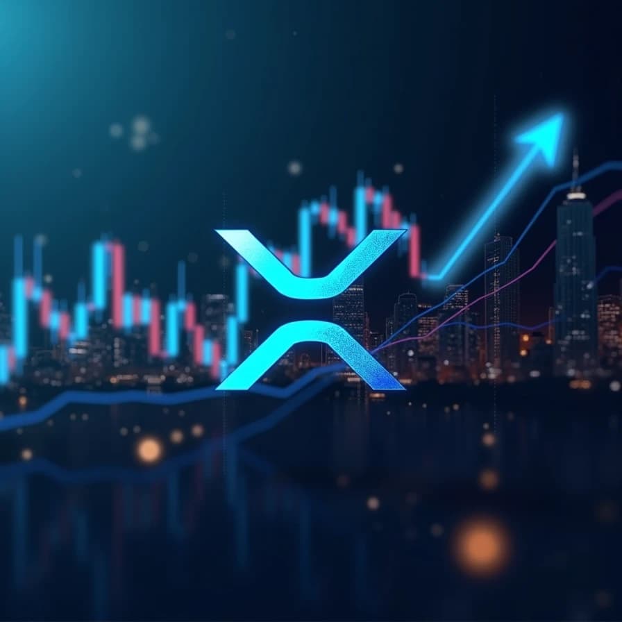 El logo de XRP se proyecta sobre gráficos de mercado y un horizonte urbano, simbolizando la expectativa de un movimiento de precio significativo para el token.